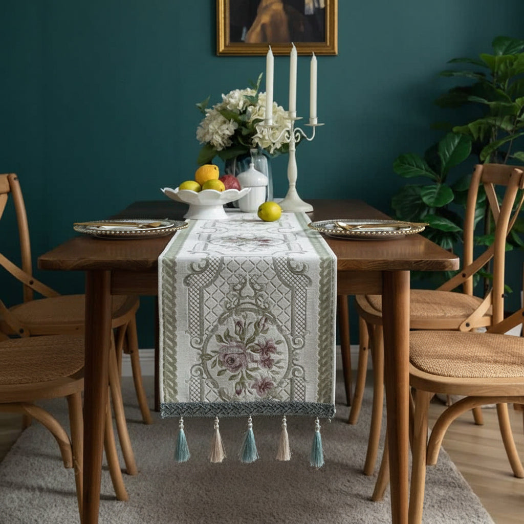 Floral jacquard table runner with tassels