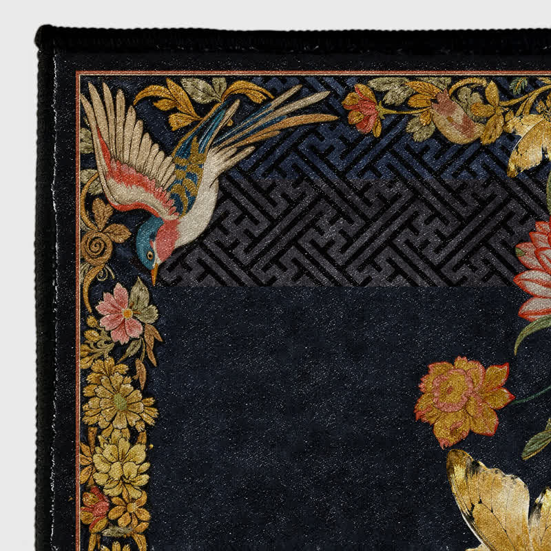Rug with flowers, birds, and butterflies