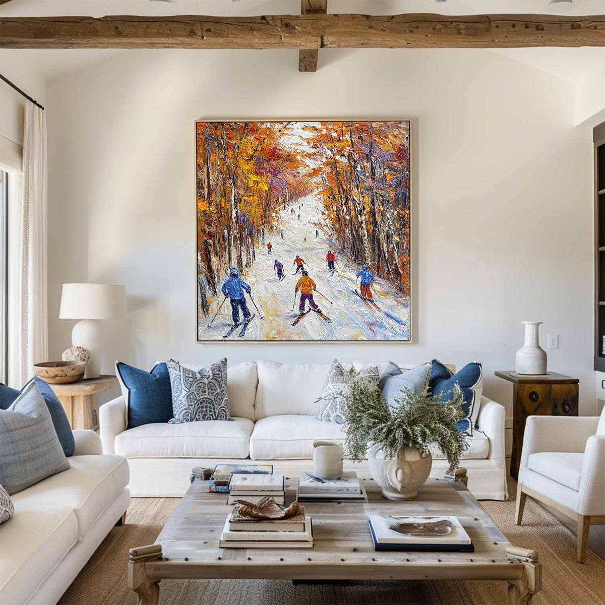 Tableau représentant des skieurs dans une forêt automnale