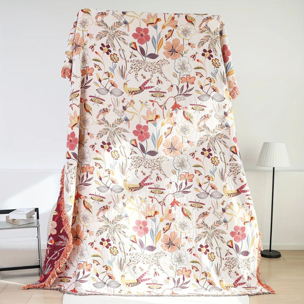 Reversible cotton blanket with fringes