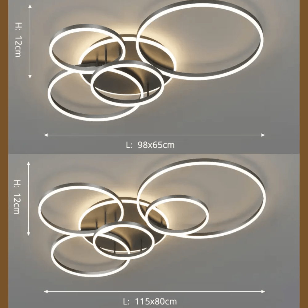 Lampa sufitowa LED z pierścieniami, ściemnianie pilotem, do dużych pomieszczeń