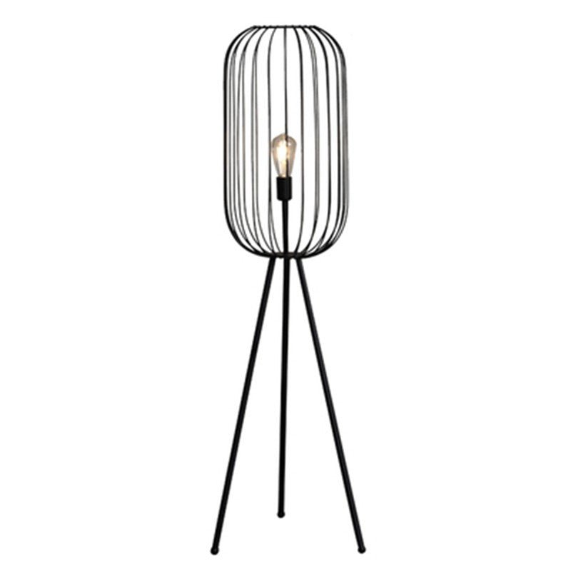 Lampa podłogowa z kloszem w formie klatki z metalu i rattanu, trzonek E27