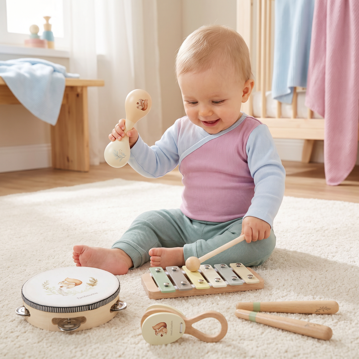 Set of wooden musical instruments for children