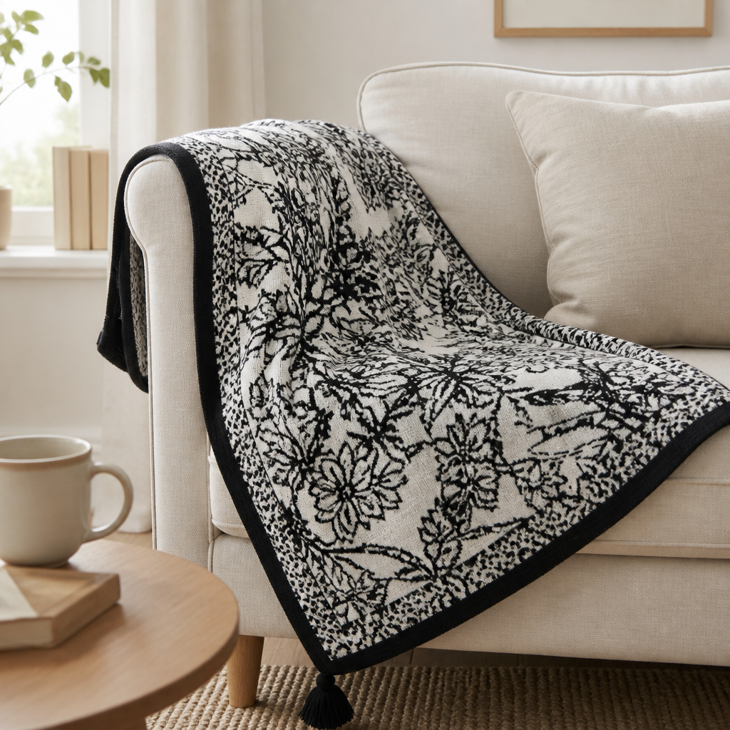 Couverture tricotée avec des fleurs et des oiseaux