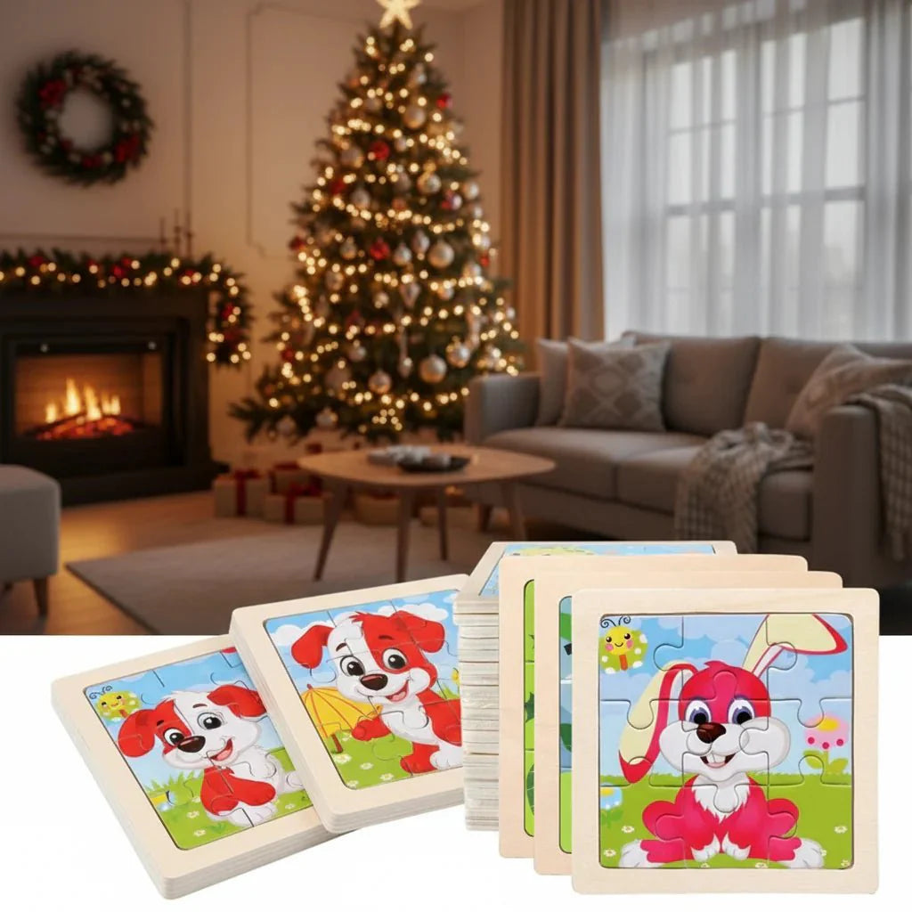 Drewniane Puzzle Montessori dla Dzieci 11×11 cm z Motywami Zwierząt i Pojazdów