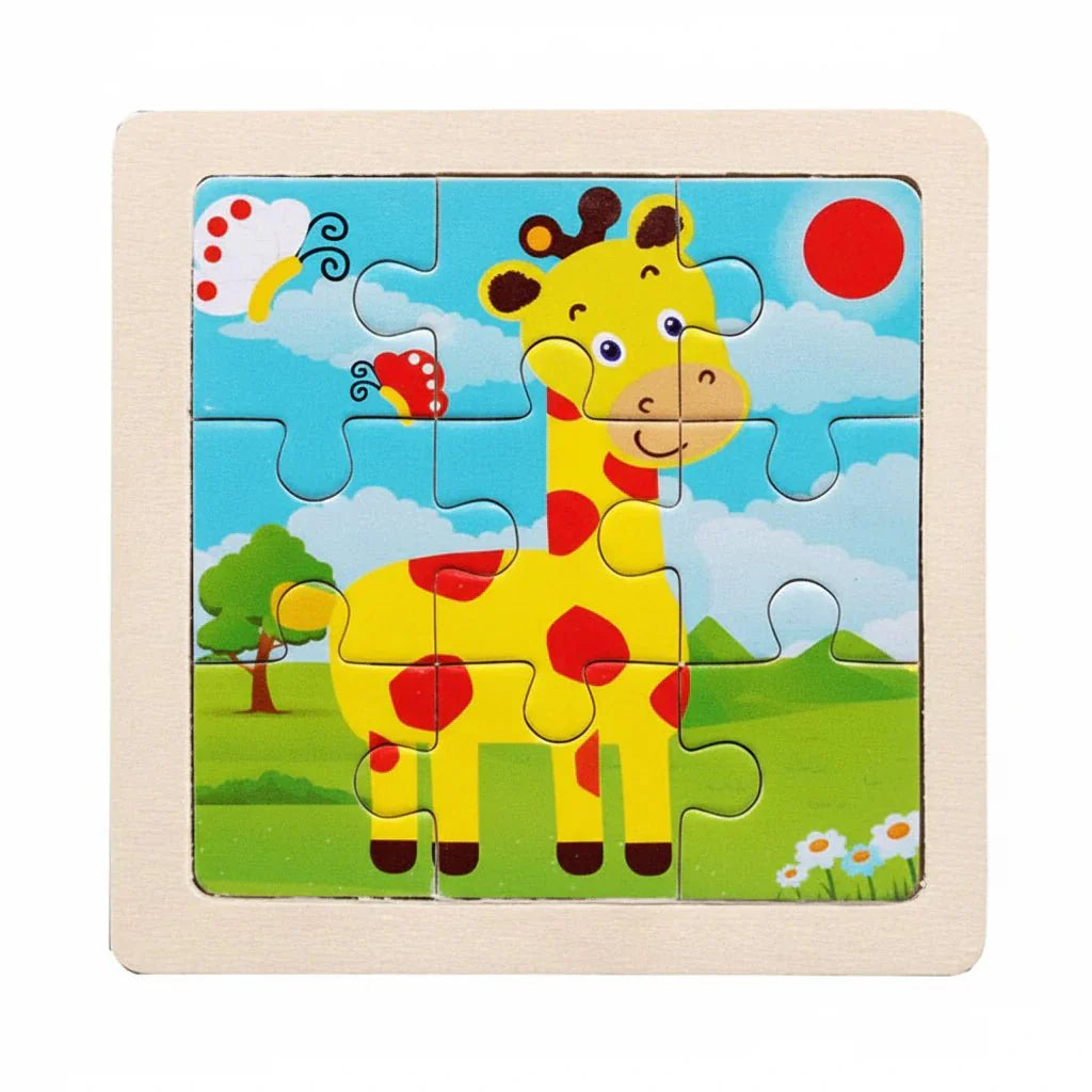 Drewniane Puzzle Montessori dla Dzieci 11×11 cm z Motywami Zwierząt i Pojazdów