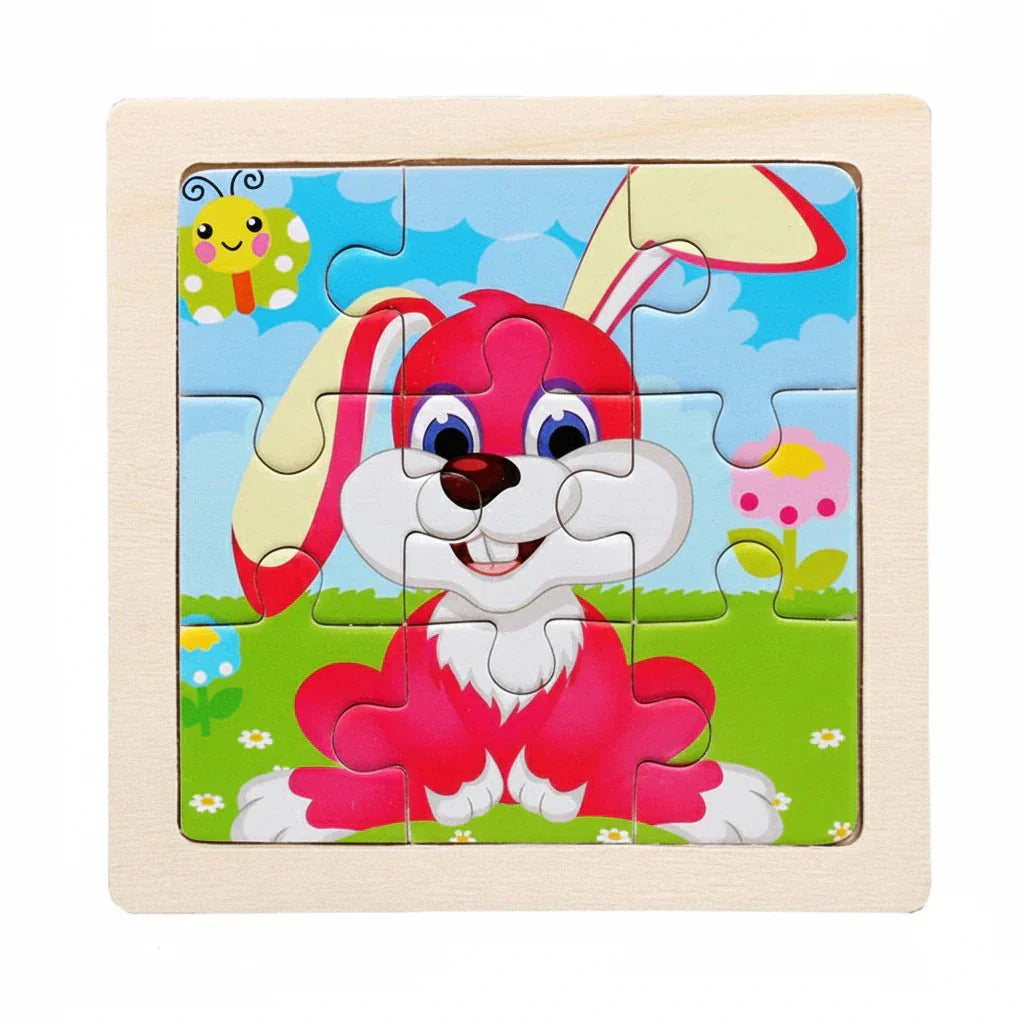 Drewniane Puzzle Montessori dla Dzieci 11×11 cm z Motywami Zwierząt i Pojazdów