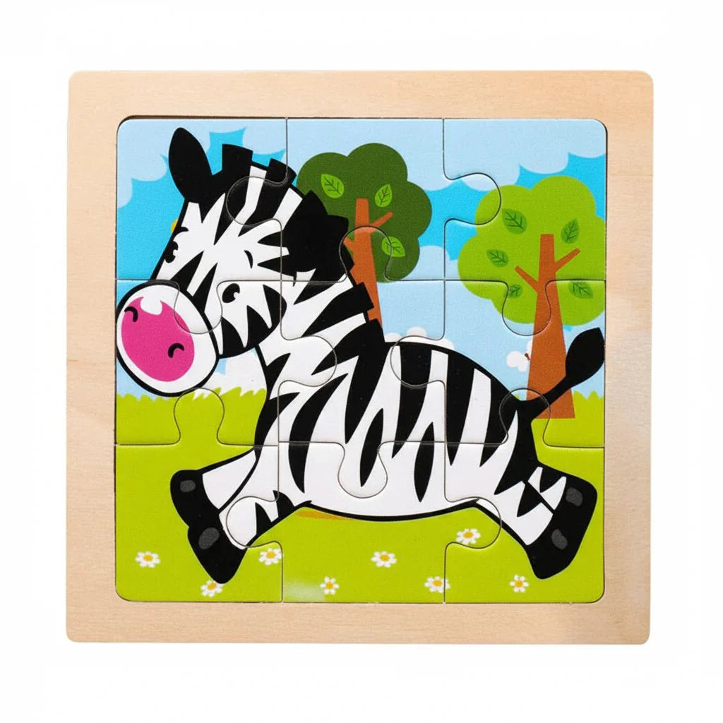 Drewniane Puzzle Montessori dla Dzieci 11×11 cm z Motywami Zwierząt i Pojazdów