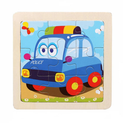 Drewniane Puzzle Montessori dla Dzieci 11×11 cm z Motywami Zwierząt i Pojazdów