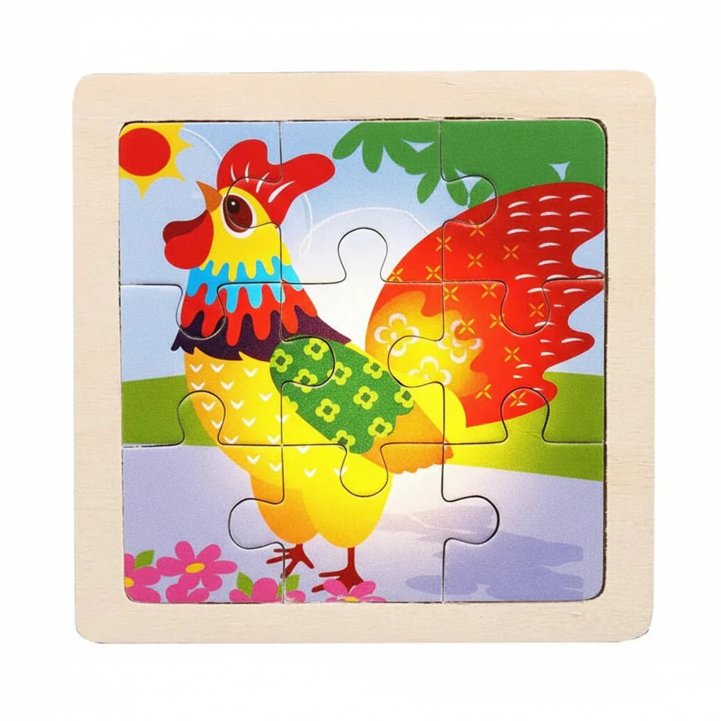 Drewniane Puzzle Montessori dla Dzieci 11×11 cm z Motywami Zwierząt i Pojazdów