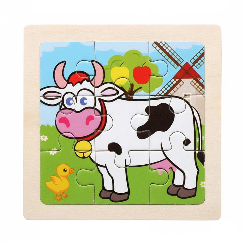Drewniane Puzzle Montessori dla Dzieci 11×11 cm z Motywami Zwierząt i Pojazdów