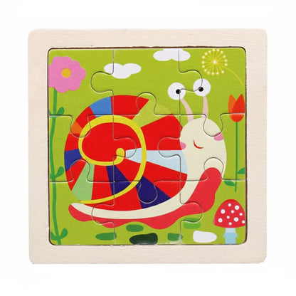 Drewniane Puzzle Montessori dla Dzieci 11×11 cm z Motywami Zwierząt i Pojazdów