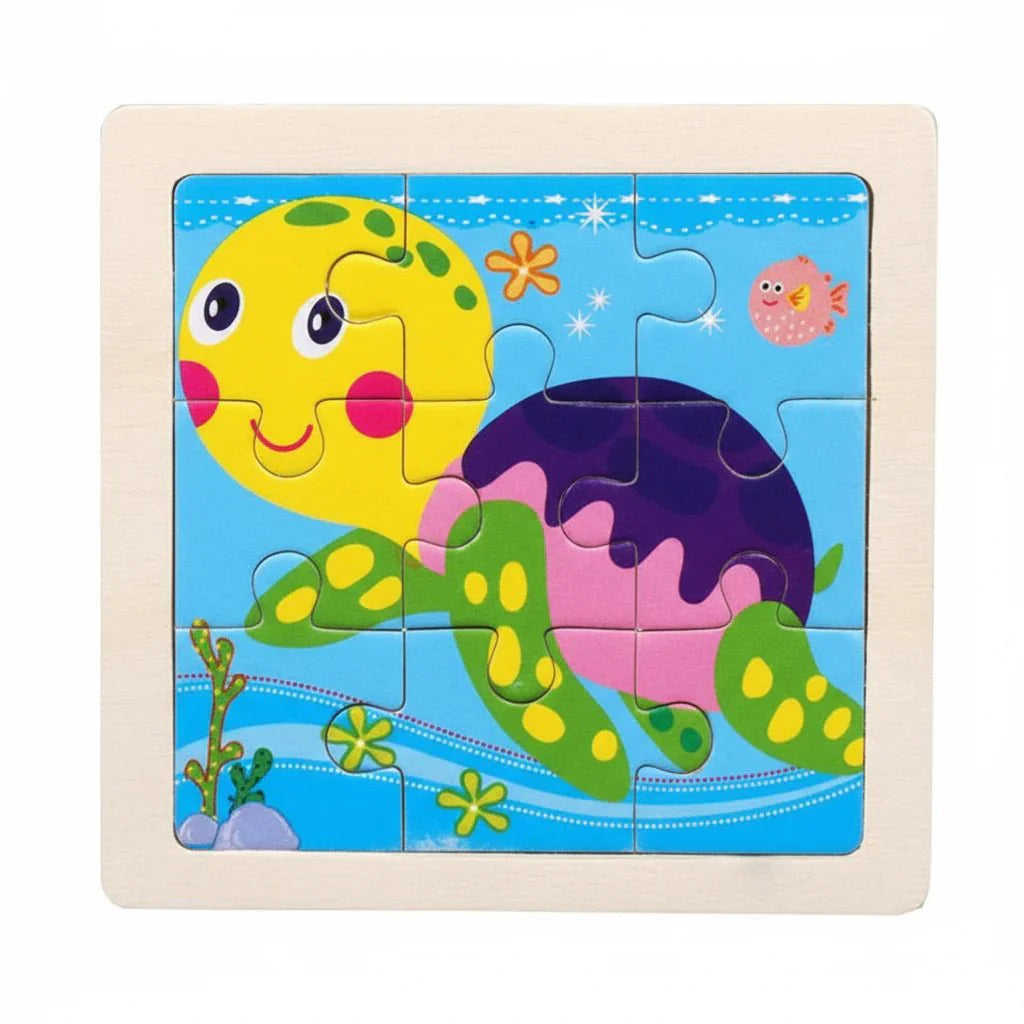 Drewniane Puzzle Montessori dla Dzieci 11×11 cm z Motywami Zwierząt i Pojazdów