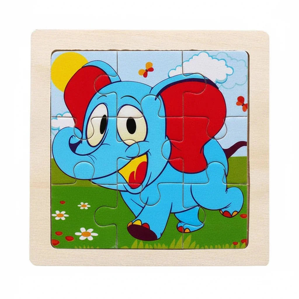 Drewniane Puzzle Montessori dla Dzieci 11×11 cm z Motywami Zwierząt i Pojazdów