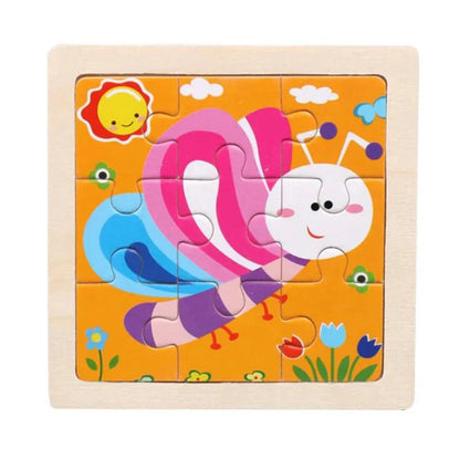 Drewniane Puzzle Montessori dla Dzieci 11×11 cm z Motywami Zwierząt i Pojazdów