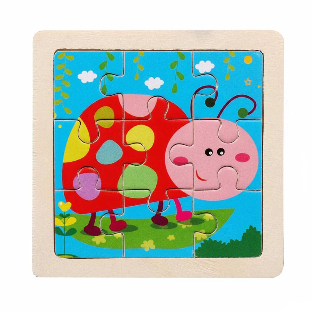 Drewniane Puzzle Montessori dla Dzieci 11×11 cm z Motywami Zwierząt i Pojazdów
