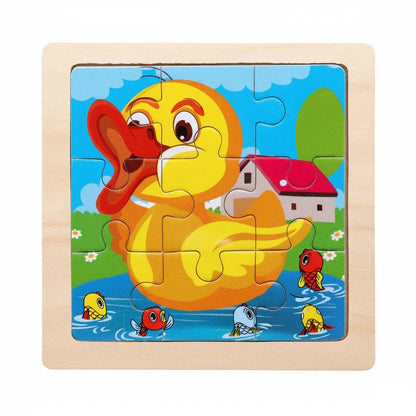 Drewniane Puzzle Montessori dla Dzieci 11×11 cm z Motywami Zwierząt i Pojazdów