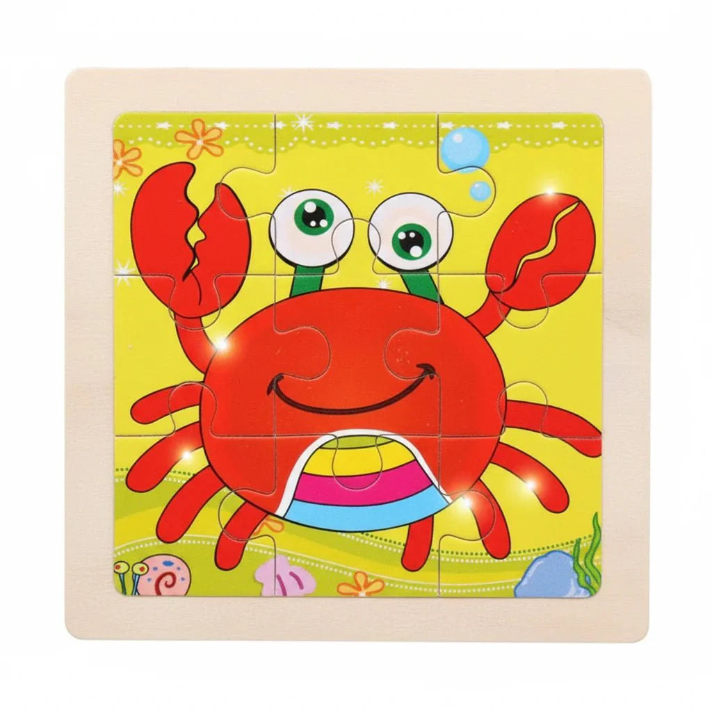 Drewniane Puzzle Montessori dla Dzieci 11×11 cm z Motywami Zwierząt i Pojazdów