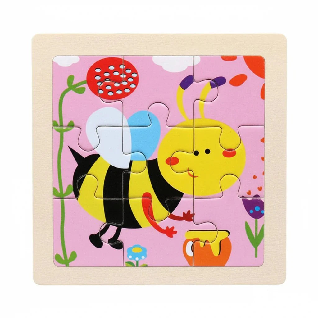 Drewniane Puzzle Montessori dla Dzieci 11×11 cm z Motywami Zwierząt i Pojazdów