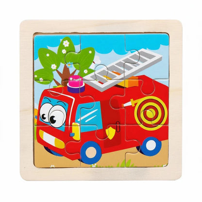 Drewniane Puzzle Montessori dla Dzieci 11×11 cm z Motywami Zwierząt i Pojazdów