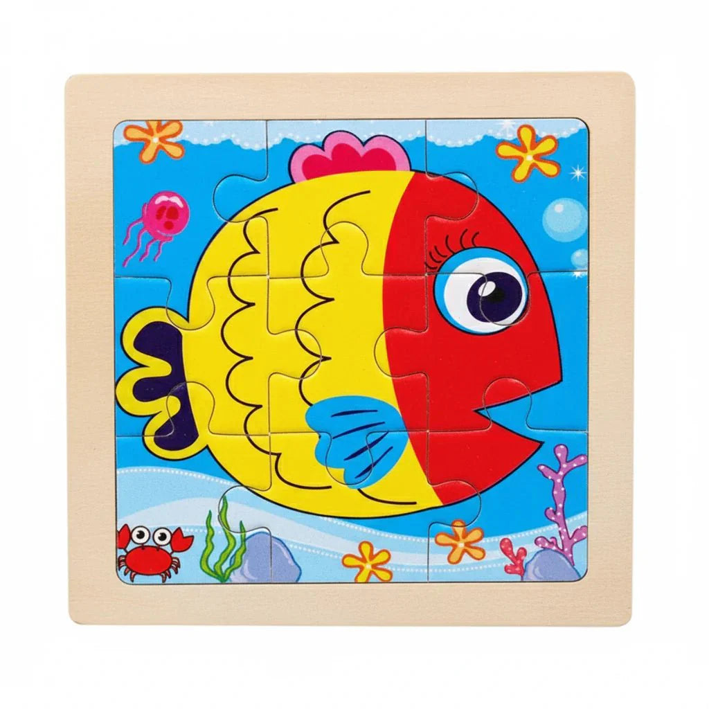 Drewniane Puzzle Montessori dla Dzieci 11×11 cm z Motywami Zwierząt i Pojazdów