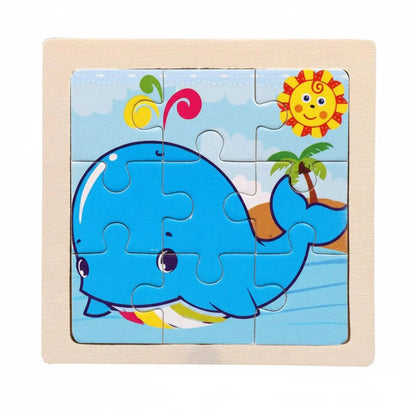 Drewniane Puzzle Montessori dla Dzieci 11×11 cm z Motywami Zwierząt i Pojazdów