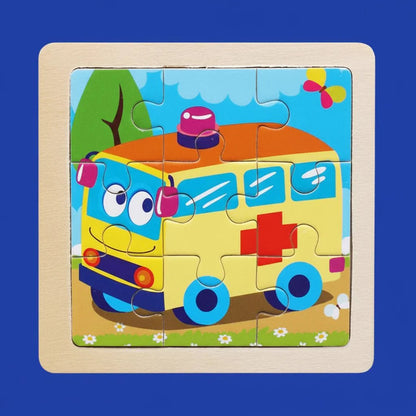 Drewniane Puzzle Montessori dla Dzieci 11×11 cm z Motywami Zwierząt i Pojazdów
