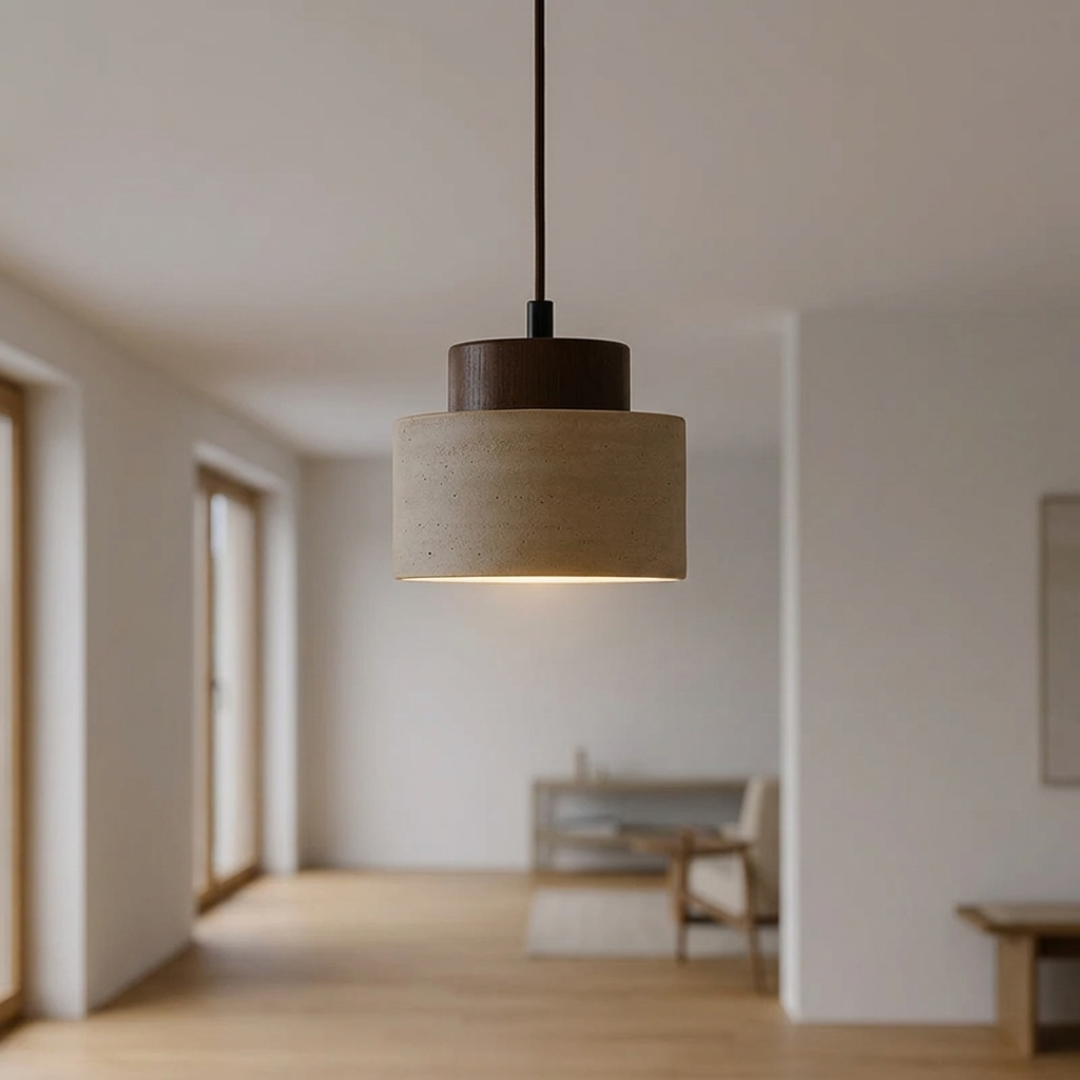 Lampe suspendue en travertin et en bois