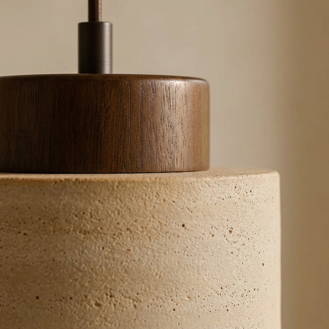 Lampe suspendue en travertin et en bois