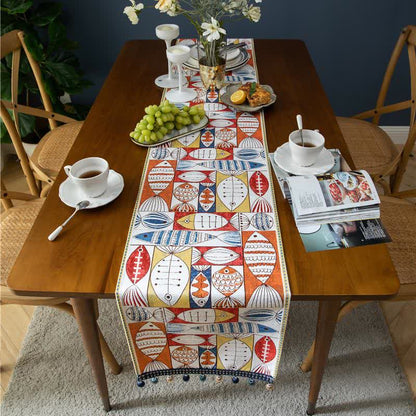 Chenille table runner with tassels