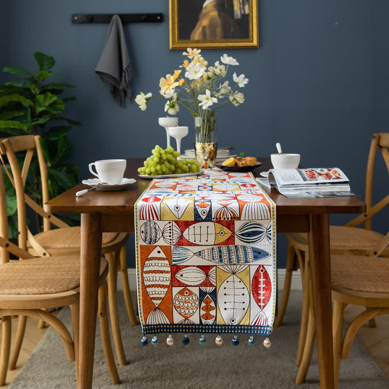 Chenille table runner with tassels