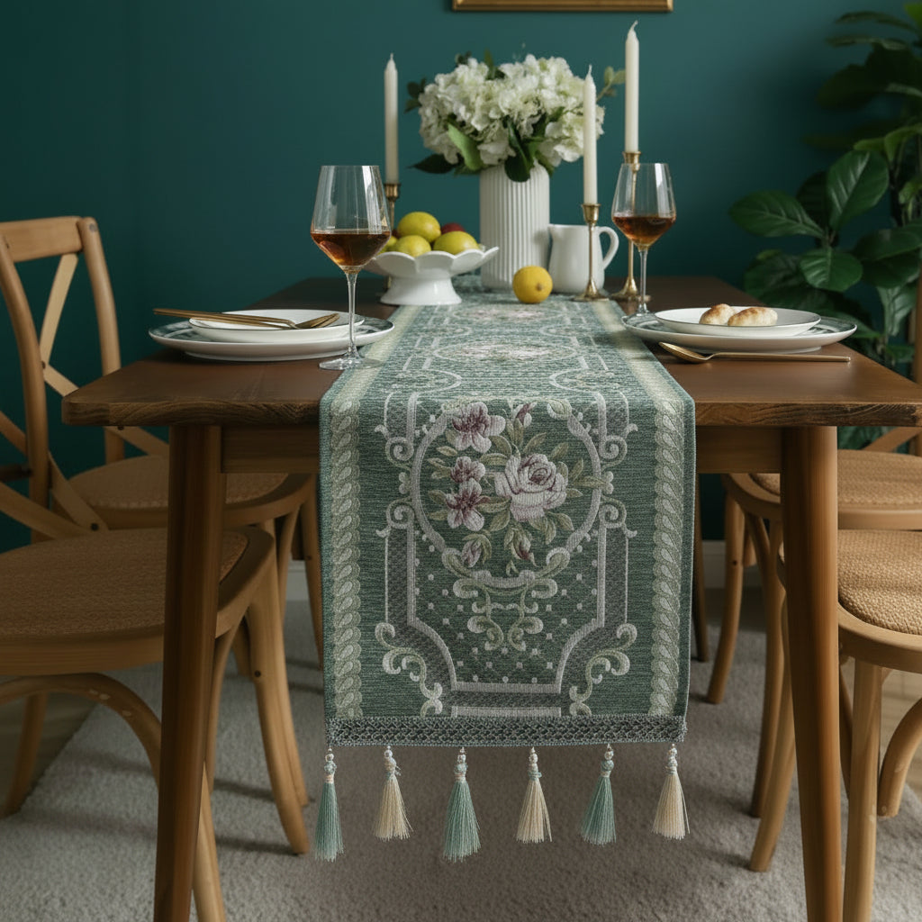 Floral jacquard table runner with tassels
