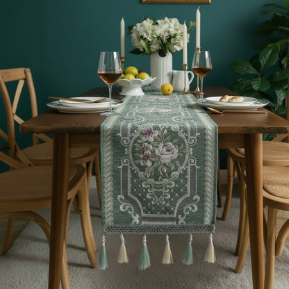 Floral jacquard table runner with tassels