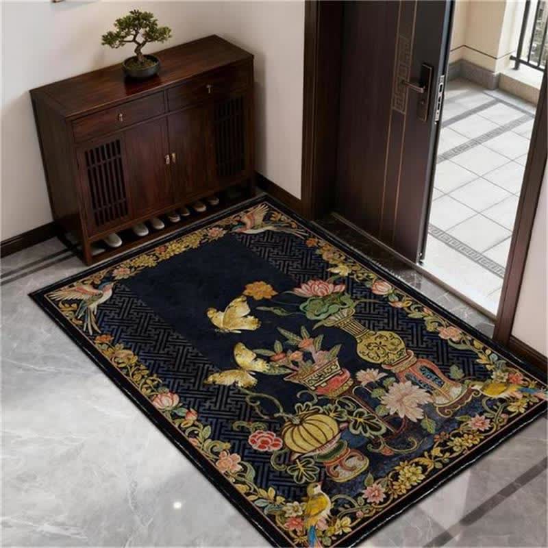 Rug with flowers, birds, and butterflies