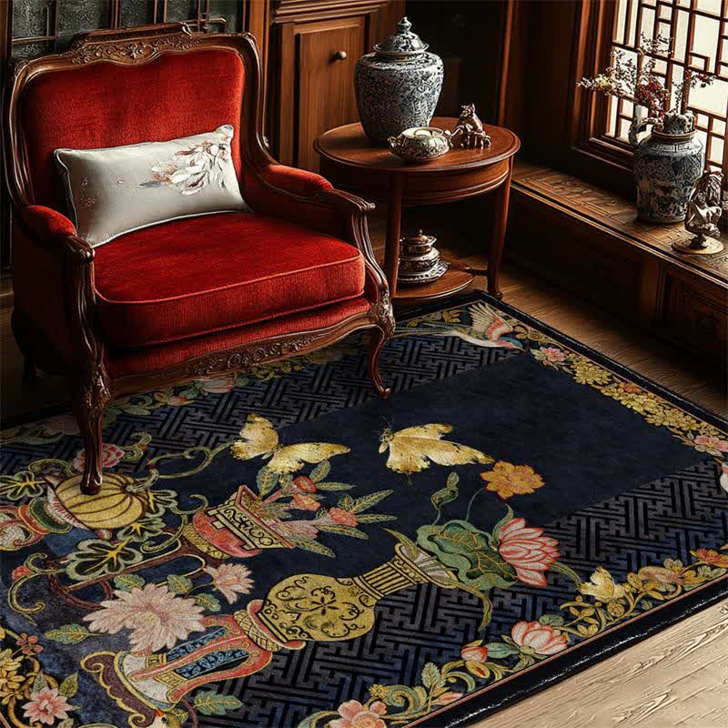 Rug with flowers, birds, and butterflies