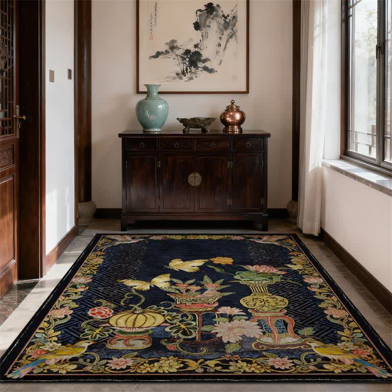 Rug with flowers, birds, and butterflies