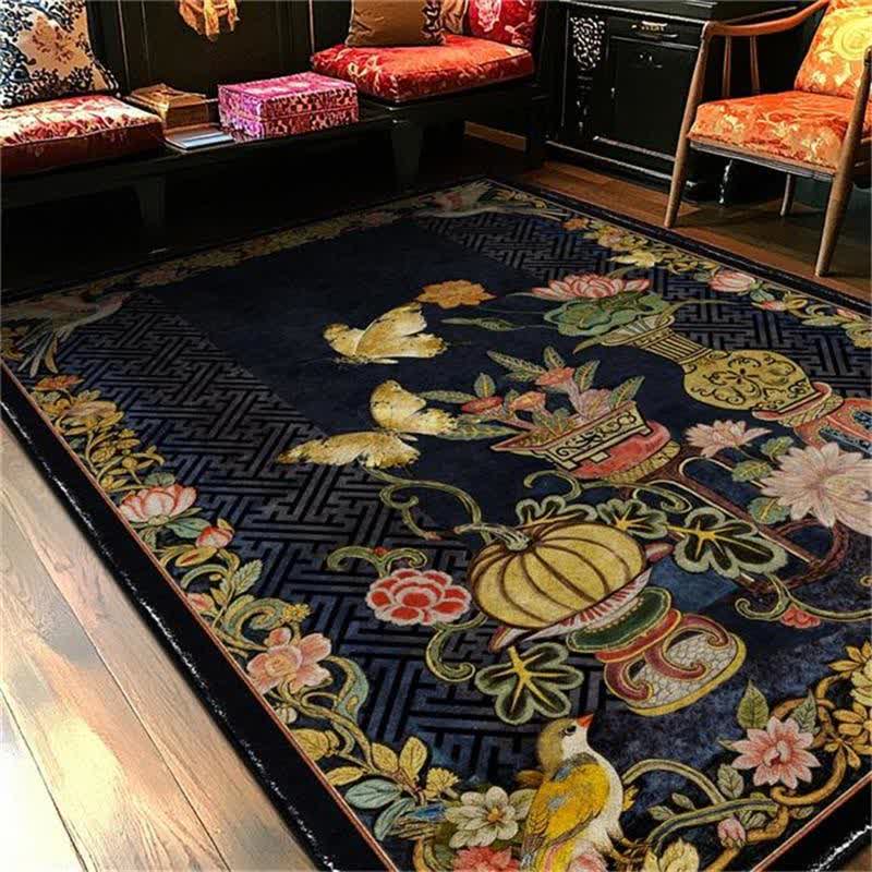 Rug with flowers, birds, and butterflies