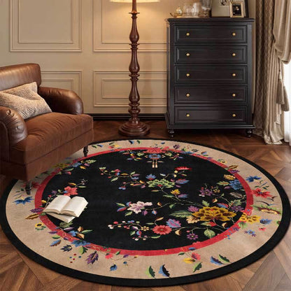 Round floral rug on a black background