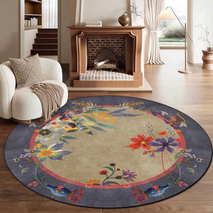 Round floral rug with a coral accent