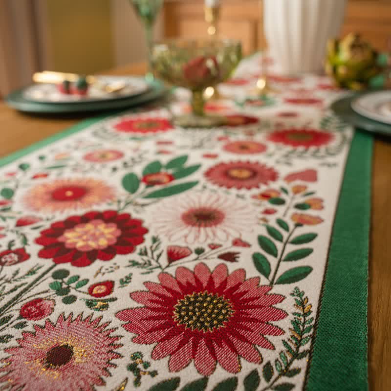 Jacquard table runner with flowers and leaves
