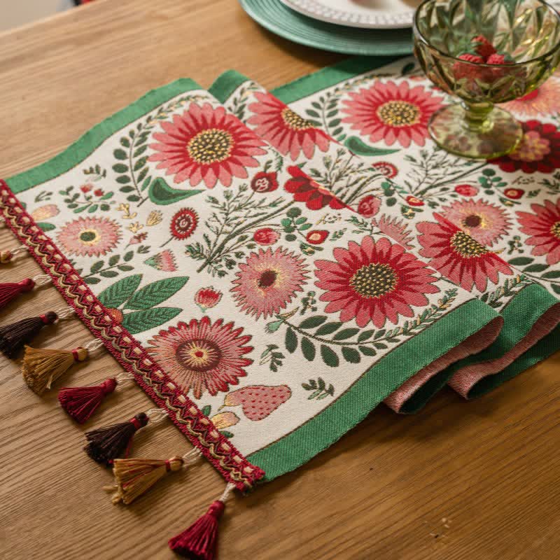 Jacquard table runner with flowers and leaves