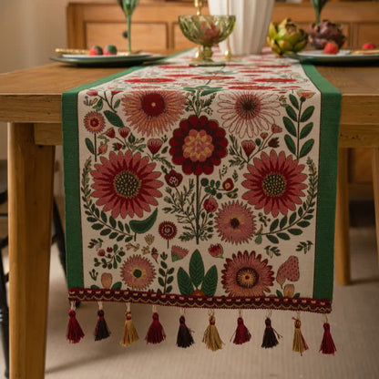 Jacquard table runner with flowers and leaves