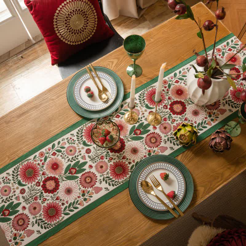 Jacquard table runner with flowers and leaves
