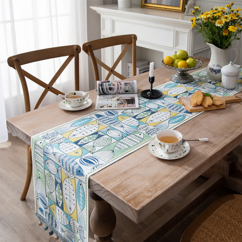 Chenille table runner with tassels
