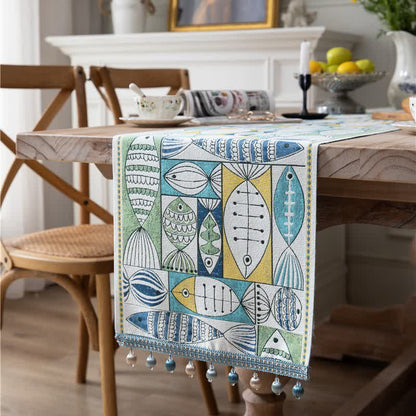 Chenille table runner with tassels