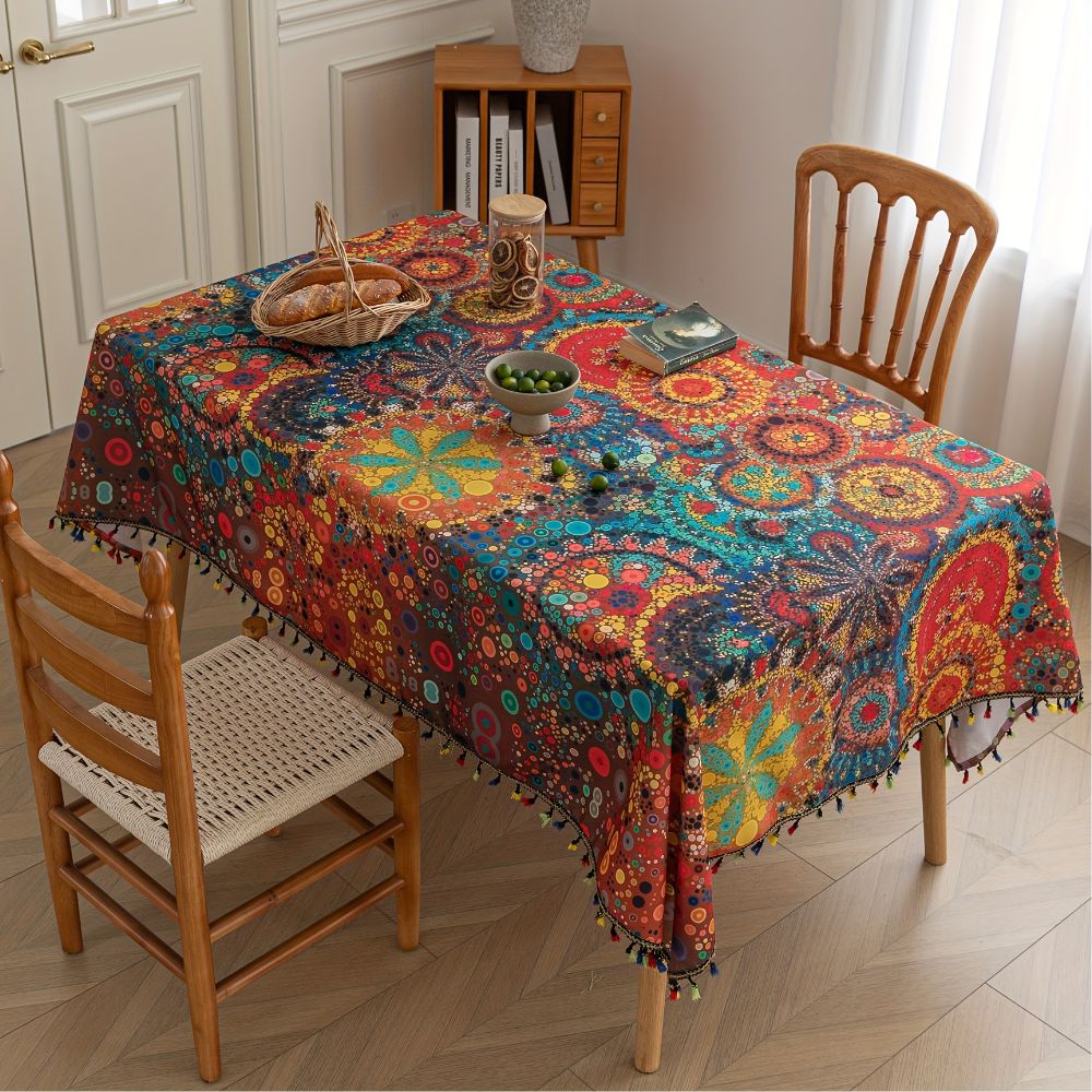Obrus boho z frędzlami do salonu i ogrodu | Wielokolorowy wzór mandali, rozmiary 150×150 do 150×300 cm