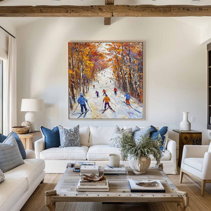 Tableau représentant des skieurs dans une forêt automnale