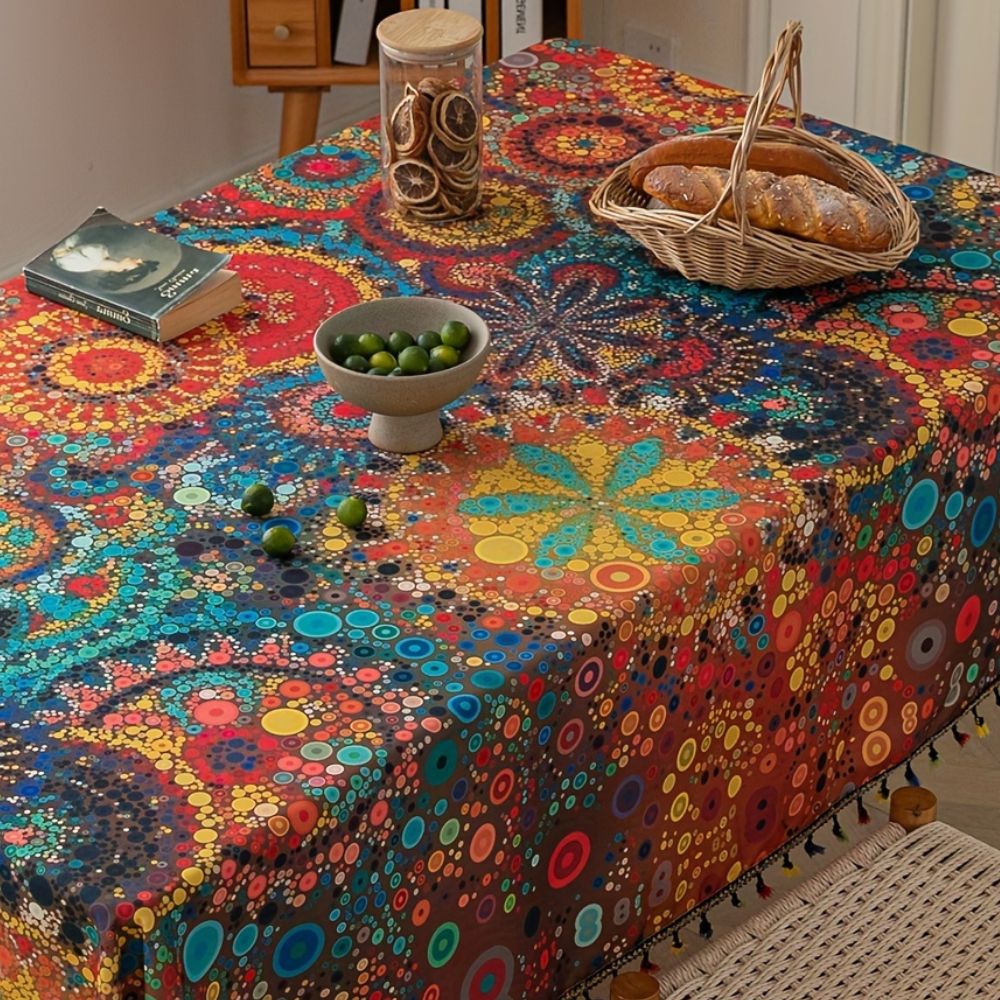 Obrus boho z frędzlami do salonu i ogrodu | Wielokolorowy wzór mandali, rozmiary 150×150 do 150×300 cm