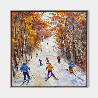 Tableau représentant des skieurs dans une forêt automnale