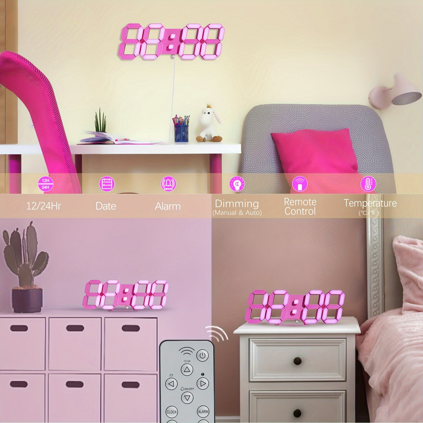 LED alarm clock with remote control and temperature display